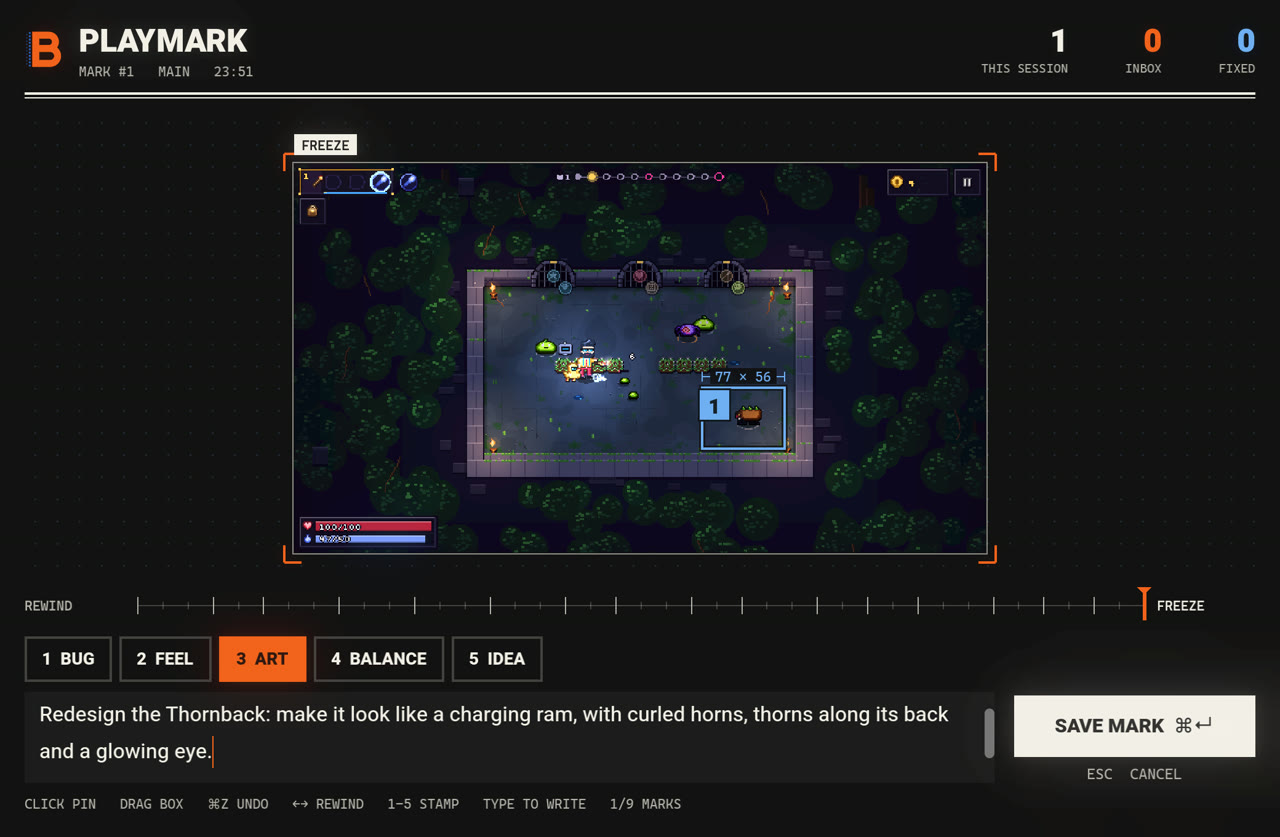 The Playmark overlay over a Wandcraft fight: a blue box around the Thornback, the ART stamp and the note